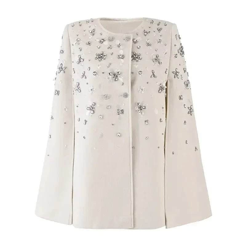 Trendy Women’s Woolen Coat – Diamond Rivet Cloak Jacket - HalleBeauty